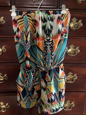 Strapless Printed Romper in Teal, Navy & Orange